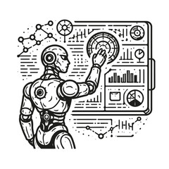 Obraz premium Conceptual Line Art Depicting an Advanced Android Interacting with a Virtual Data Interface, Highlighting Artificial Intelligence, Machine Learning, and Futuristic Digital Analytics Development