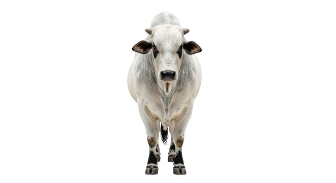Nelore bull portrait, white zebu cattle standing forward, majestic brazilian ox with hump and horns, livestock farming and beef industry concept isolated PNG with Transparent Background