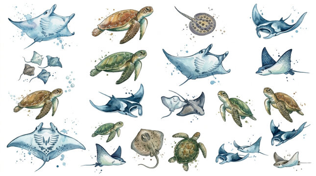 Sea Turtle and Manta Ray Watercolor Vector Icons
