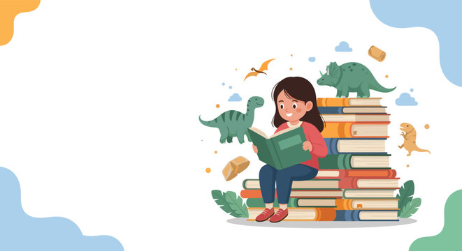 Imaginative young girl sitting on a large stack of books and reading while dinosaur figures come to life around her.