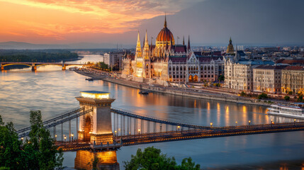Fototapeta premium Evening view of Parliament and Chain Bridge in Pest city. Colorful sanset in Budapest, Hungary, Europe. Artistic style post processed photo.
