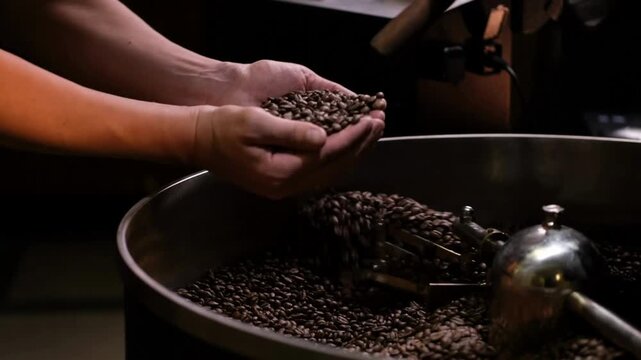 Industrial Coffee Roaster Beans roasting in vintage Probat machine coffee cylinder cooling 4k
