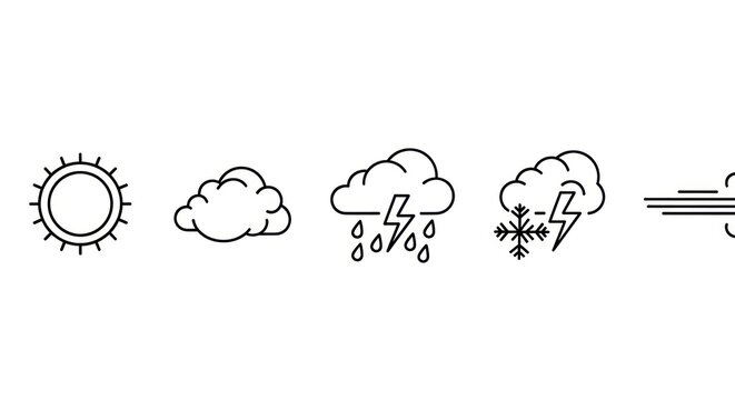 Weather icons set illustrating sun cloud rain snow and wind on white