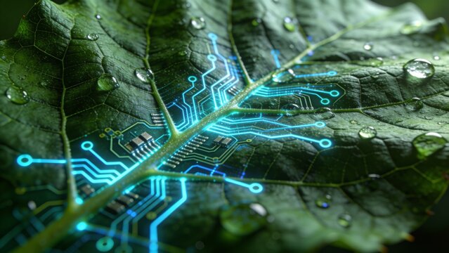"Global Sustainable Technology Concept: Bio-Digital Leaf with Integrated Circuitry and Data Sphere"