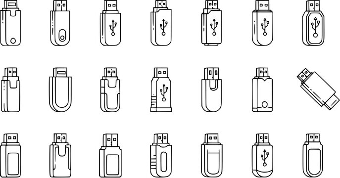 Black and White Line Art Icons of Various USB Flash Drives, Technology and Data Storage Concept