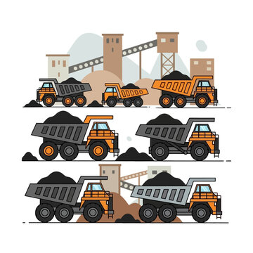 Mining Trucks and Industrial Plant, Heavy Equipment in Quarry, Cargo Transport