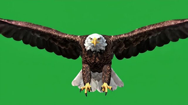 Majestic bald eagle soaring forward with wings fully spread and sharp talons extended in a powerful flight