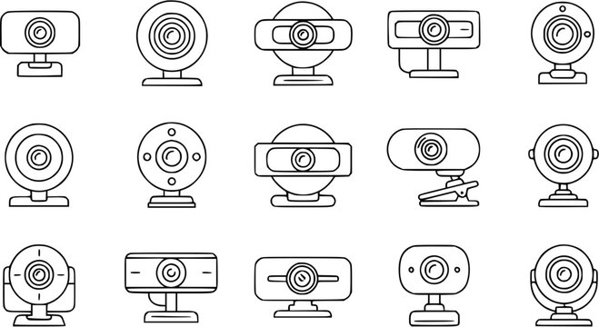 Collection of Webcam Icons in Black and White Line Art for Technology and Communication