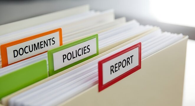 Close-up of office file organizer with labeled folders