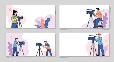 Fototapeta premium Collection of professional videographers and cameramen using different types of cameras and tripods for video filming.