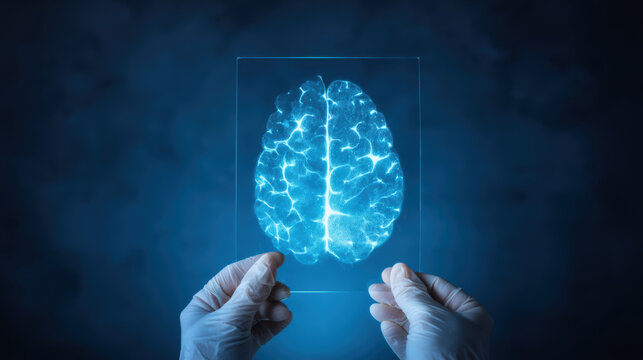 Diagnostic imaging glowing brain scan held by gloved hands dark clinical setting showing neural
