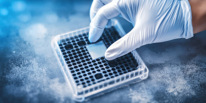 Diagnostic imaging scientist placing microarray slide into well plate for molecular analysis