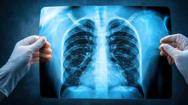 Diagnostic imaging chest x ray showing lungs and ribs held by gloved hands conveying clinical