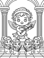 Fototapeta premium Celestial Serenade: A cherubic musician and his angelic choir fill the air with joyful melodies, captured in a delightful illustration.