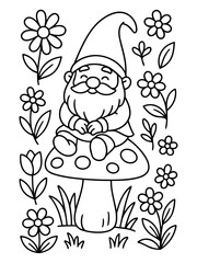 Fototapeta premium Garden Gnome's Spring Serenade: A whimsical garden gnome, with a pointed hat and a jovial smile, sits serenely atop a mushroom surrounded by blooming flowers.