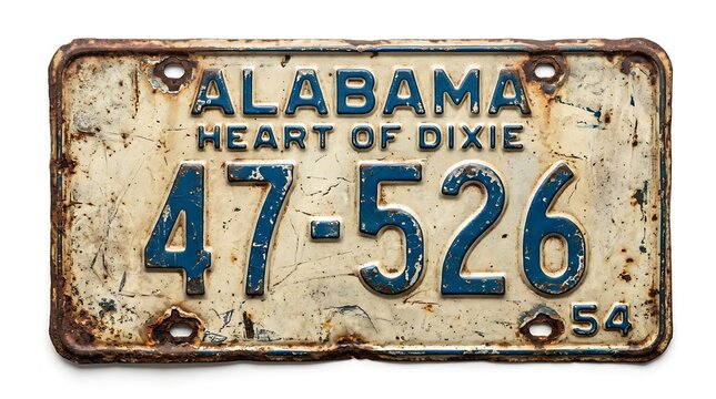 Heart of Dixie Alabama vintage license plate rusted white metal car tag design illustration