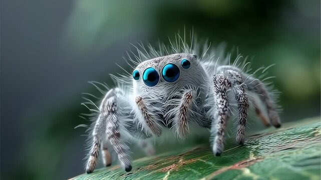 Macro Shot of Cute White Jumping Spider with Blue Eyes