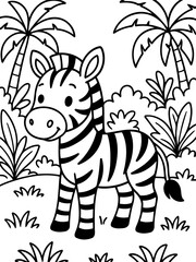 Naklejka premium Playful Zebra in Paradise: A whimsical black and white illustration of a cheerful zebra, surrounded by tropical foliage and palm trees, radiating a sense of joyful adventure.