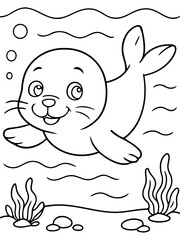 Naklejka premium Happy Seal Underwater: A cheerful seal swims gracefully underwater. Surrounded by bubbles and aquatic plants, this charming illustration captures the playful spirit of marine life.