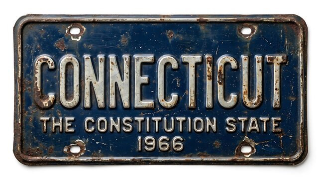 Blue Connecticut Constitution State license plate vintage rusted metal car tag souvenir sign art