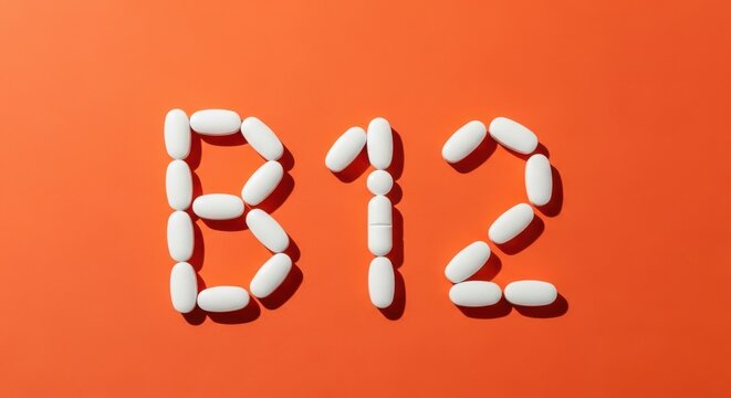 Vitamin b12 supplement pills arranged in the shape of text on an orange background