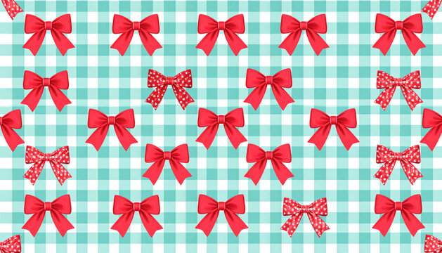 Coquette Christmas Seamless Pattern with Red Satin Bows on Blue Gingham, Cute Preppy Holiday Wrapping Paper Vector