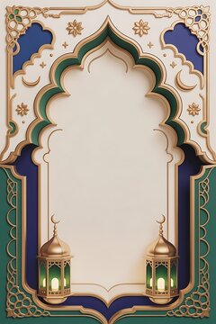 Luxury Muslim Wedding Frame with Emerald and Gold Arch, Elegant Nikah Invitation Backdrop with Traditional Lanterns