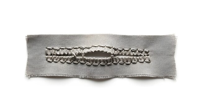 A detailed close-up shot of a hand-stitched buttonhole on a piece of grey fabric, showcasing precise embroidery techniques and a clean opening against a stark, pure white background for clarity.