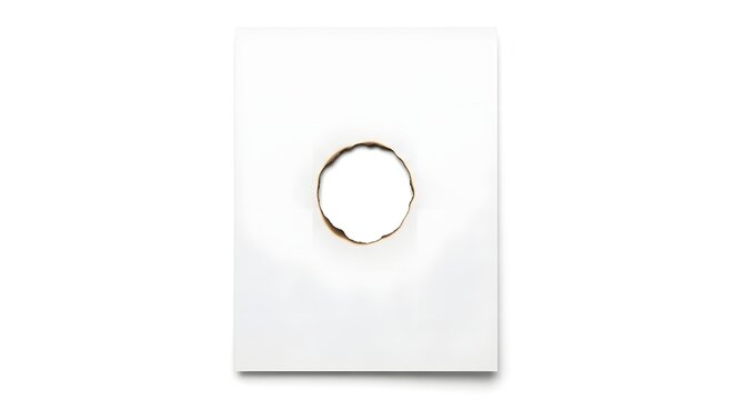 A single, perfectly circular hole is positioned in the center of a clean, bright white sheet of thick paper, featuring distinct charred, dark brown burnt edges that contrast with the light surface.