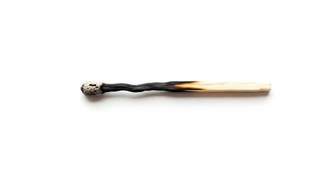 A single wooden matchstick that has been partially burned and extinguished, lying horizontally on a clean white background, showcasing the charred black wood and the gray porous ash head texture.