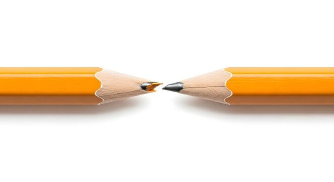 A close-up studio shot showing two yellow wooden pencils positioned horizontally, with one pencil having a snapped lead point and the other perfectly sharpened, isolated against a white background.