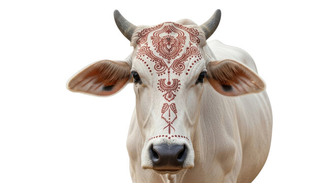 Sacred white cow with traditional henna pattern, decorated Indian bull with ornamental face art, spiritual cattle portrait for cultural festivals isolated PNG with Transparent Background
