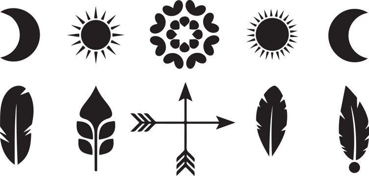 Black bohemian icons, celestial symbols, feather motifs, vector graphics