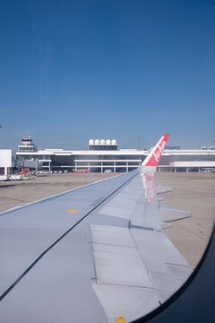 19 December 2025 - Bangkok, Thailand: AirAsia airplane at DMK, Don Mueang International Airport, a hub for low cost flights both domestic and international destinations in Bangkok.