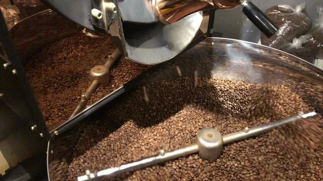 Industrial Coffee Roaster Beans roasting in vintage Probat machine coffee cylinder cooling 4k