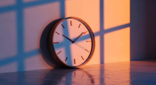 Jam modern di dinding dengan pantulan sinar matahari yang hangat.