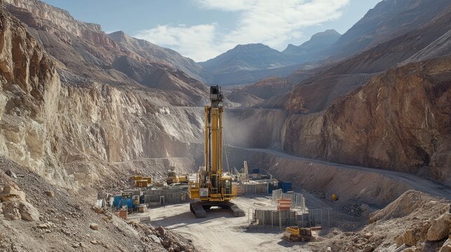 Industrial Drill Rig Operates at Open-Pit Mine Entrance