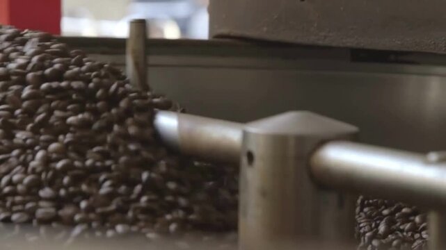 Industrial Coffee Roaster Beans roasting in vintage Probat machine coffee cylinder cooling 4k