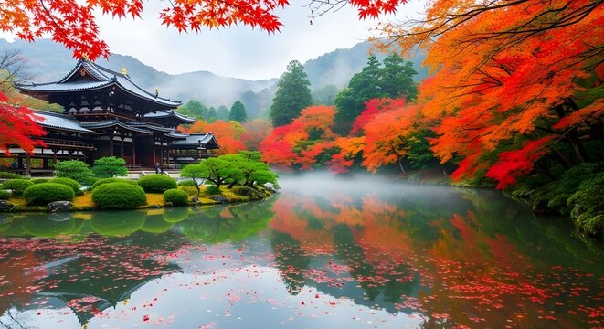 Refleksi kuil Jepang yang tenang di danau musim gugur