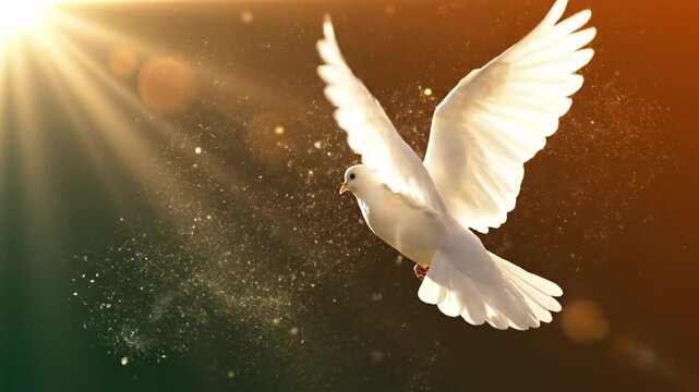 White dove flying with wings spread through bright golden sunbeams and shimmering particles against a dark green and orange gradient background with cinematic lens flares.
