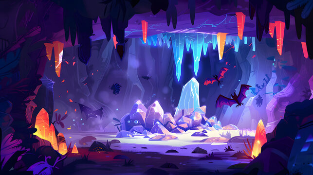 vibrant fantasy cave with glowing crystals and dragon