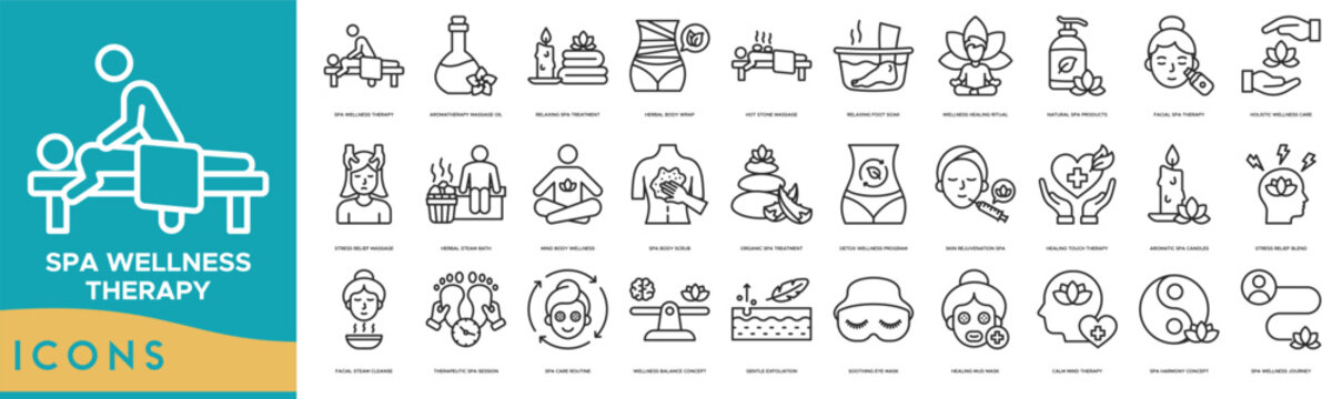 Spa Wellness Therapy Icon set. Aromatherapy Massage Oil, Relaxing Spa Treatment, Herbal Body Wrap, Hot Stone Massage, Relaxing Foot Soak, Wellness Healing Ritual, Natural Spa Products and Facial Spa 