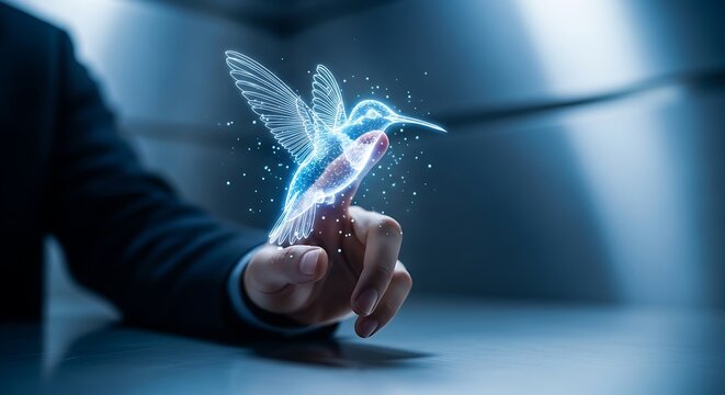 A man holds a glowing digital hummingbird in the palm of his hand symbolizing technology