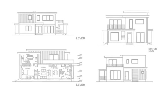 Architectural floor plan and elevation drawings of a modern multi-story house