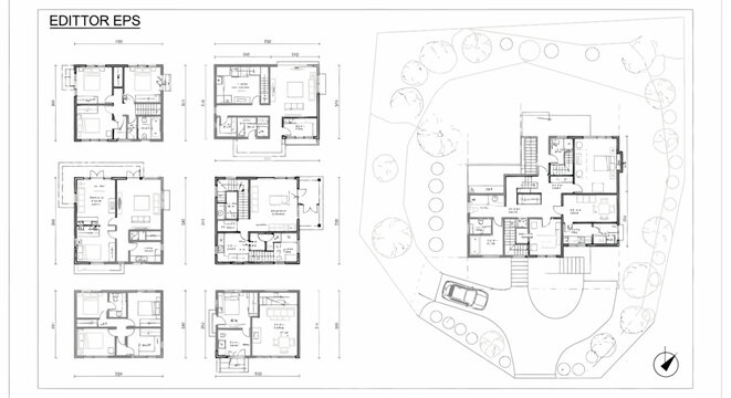 Architectural floor plans and building design layouts for residential homes