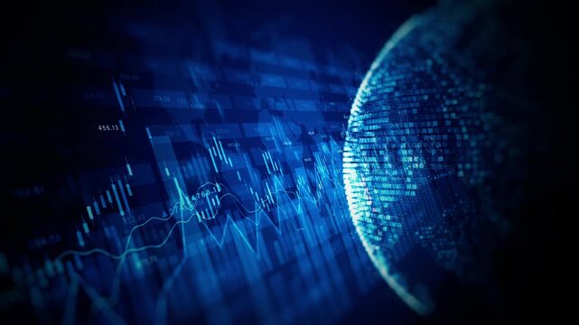 Digital globe with financial charts and stock market data visualization, representing global trading, fintech technology, big data analytics, and worldwide investment trends.