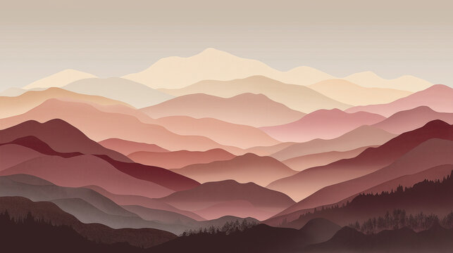 Layers of 2d mountains in burgundy tones, beautiful graphic design of the mountain range