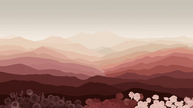 Layers of 2d mountains in burgundy tones, beautiful graphic design of the mountain range