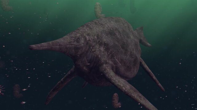 Majestic 4K 3D CGI animation capturing a lone giant Shonisaurus ichthyosaur swimming horizontally through a deep, murky prehistoric ocean with shafts of light filtering down and small marine life