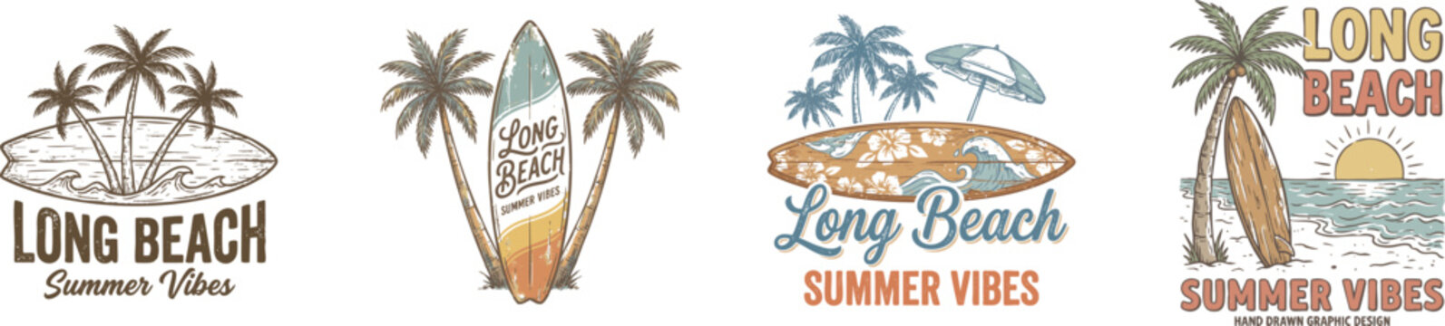 Beach Collection Vintage surf board with palm trees with Long beach, summer vibes hand drawn graphic design, isolated on white

